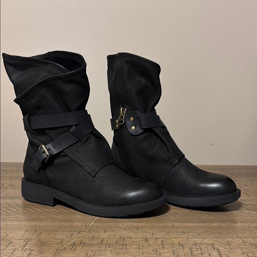 Black Combat Boots with Buckle Strap and Side Zipper